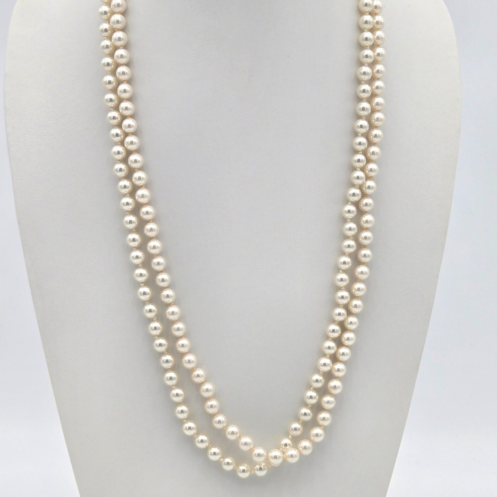 Faux Pearl Necklace 2pc Set Vintage Hand Knotted Glass Beads Gold Tone Clasp 28"